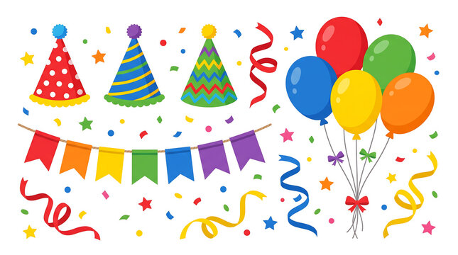 Colorful party decorations with balloons and party hats for celebration.