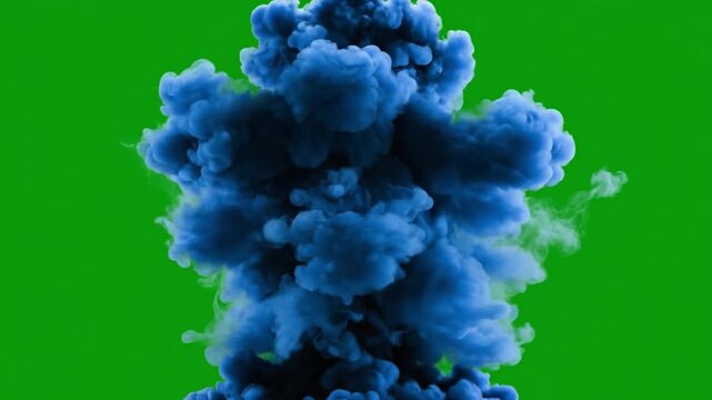 Blue smoke plume explosion rising on green screen for VFX composite
