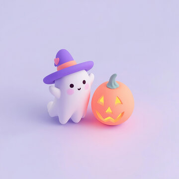 Cute Halloween Ghost with Jack O Lantern Pumpkin on Pastel Background