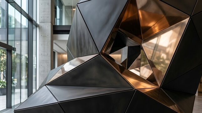 Modern Geometric Sculpture with Metallic and Black Facets