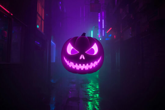 Glowing Neon Halloween Pumpkin in Dark Cyberpunk City Street at Night