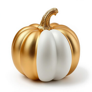 Elegant Gold and White Decorative Pumpkin with Metallic Stem on White Background