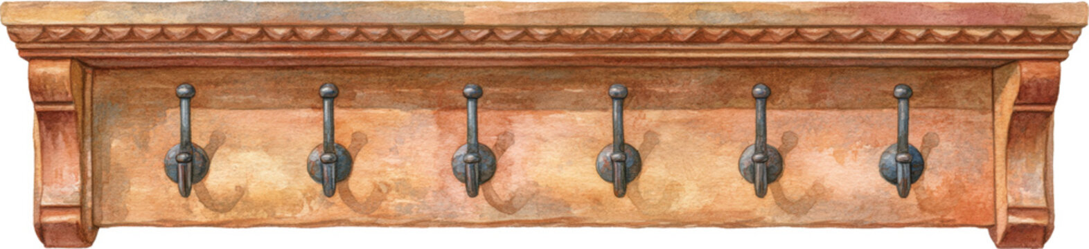 Watercolor handcrafted rustic wooden coat rack with metal hooks isolated on transparent background.