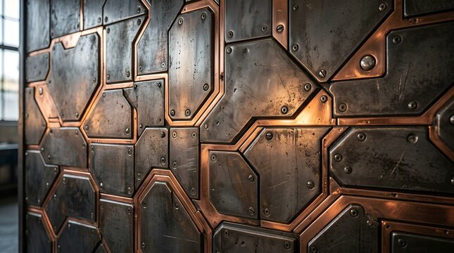 Sci-fi metal wall texture, futuristic industrial steampunk panel design, rivets and copper accents