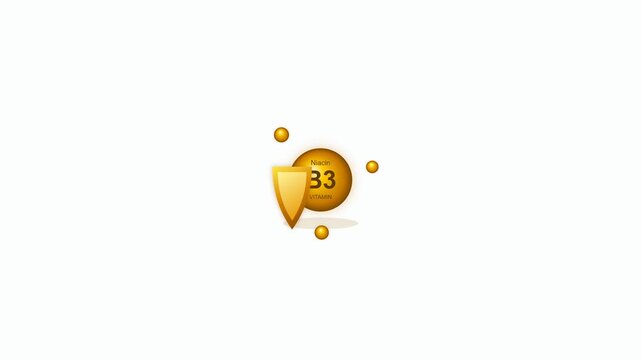 Golden 3D sphere of Niacin Vitamin B3 with a shield on a white background. This health and nutrition motion graphic animation is perfect for medical or science video designs.
