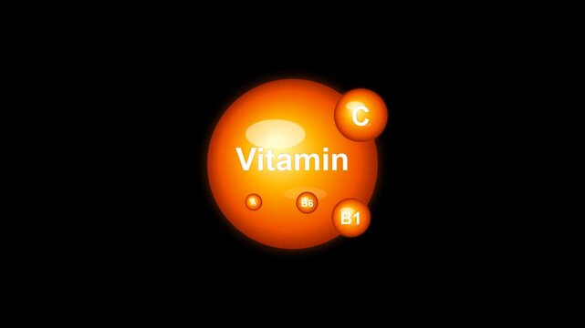Glowing orange vitamin sphere on a dark black background. This 3D motion graphic animation shows popping Vitamin C, B1, B6, and A for health and nutrition video designs.