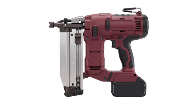 Red and black cordless nail gun with metal magazine and battery pack keywords: isolated on png transparent background