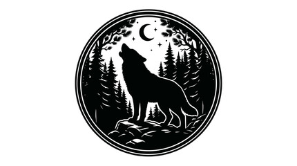 Naklejka premium Howling Wolf Silhouette Emblem in Forest Circle Design
