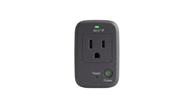 Smart wi-fi plug adapter for electrical outlets with reset and power buttons isolated on png transparent background
