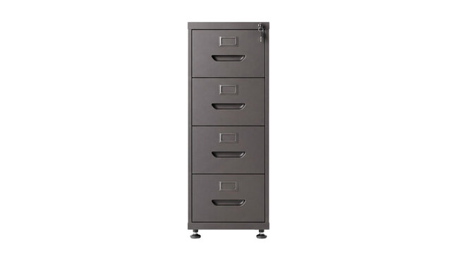 Tall gray metal four-drawer filing cabinet with lock and drawer pulls on white isolated on png transparent background