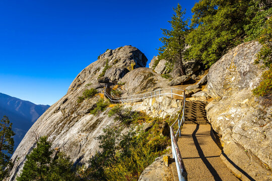 Stairway trail carved into granite leading up Moro Rock in Sequoia