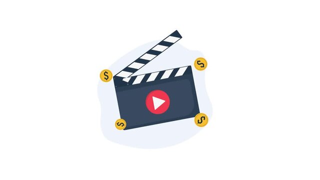 Animated Film Clapperboard with Floating Dollar Coins. Paid Advertisement
