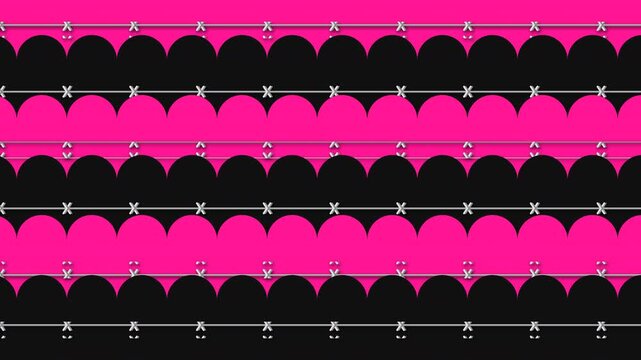 Abstract animated background featuring pink and black scalloped lace patterns with silver barbed wire lines