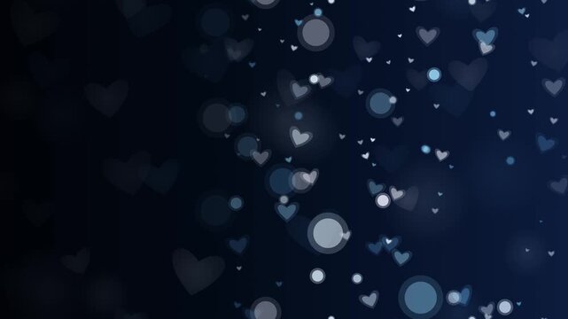 Dark blue background with floating glowing sapphire hearts and bokeh circles on the right. This seamless loop with left copy space is perfect for winter romantic video designs.