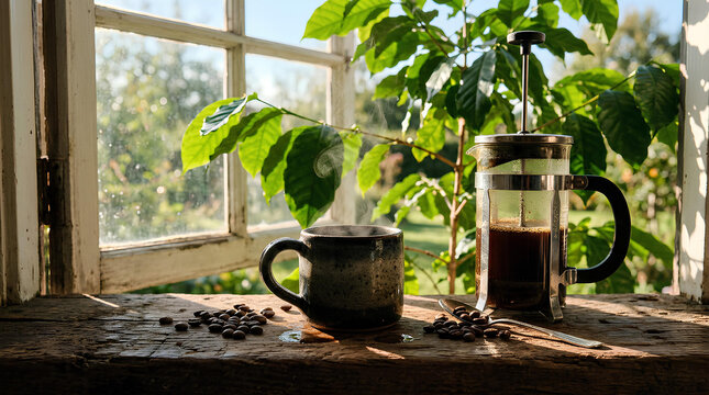 French press and coffee mug on rustic wooden windowsill.