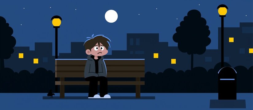 Sad boy sitting alone on a park bench at night