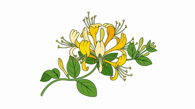 Botanical Illustration of a Blooming Honeysuckle Plant with Yellow Petals and Green Leaves on White Backdrop