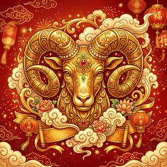 Naklejka premium Golden Chinese New Year ram ornament.