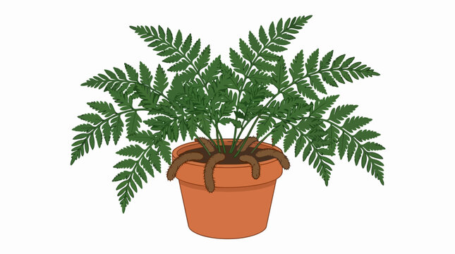 Green Rabbit Foot Fern Houseplant in Terracotta Clay Pot Isolated on White Background for Interior Design Decor