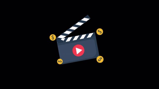 Animated Film Clapperboard with Floating Dollar Coins. Paid Advertisement - Transparent