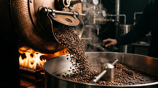 Fresh roasted coffee beans pouring from industrial copper roaster