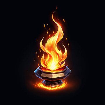 Glimmering fire in a dark setting emanating from a metallic furnace, flames dancing energetically as they flicker against a black backdrop, creating a vivid contrast with vibrant colors.