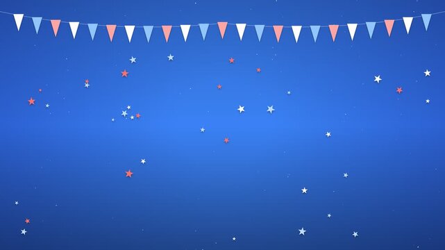 Party bunting flags with falling stars on a blue background for celebration