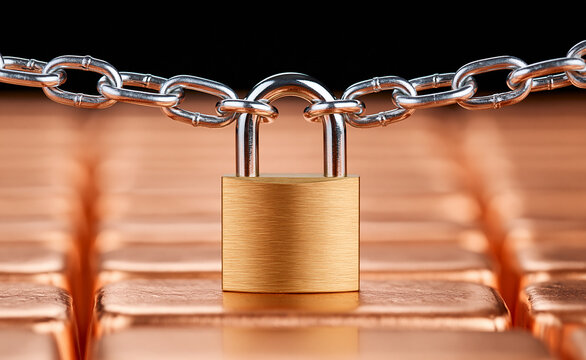 Copper padlock with chain link pattern background, protection