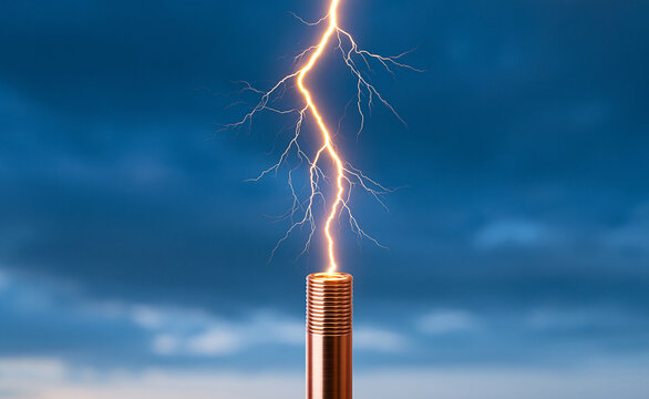 Copper rod struck by lightning bolt, power