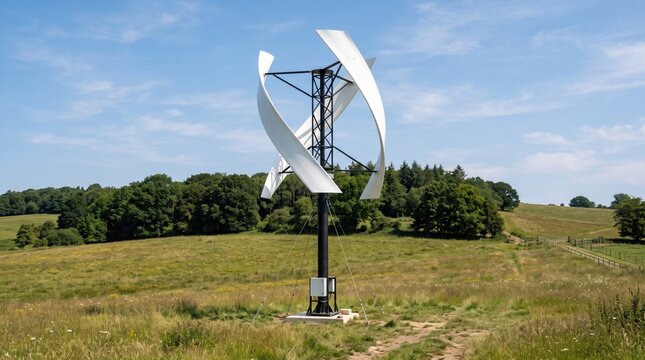 A vertical axis wind turbine stands tall in a lush green grassy field beneath a beautiful partly cloudy summer blue sky