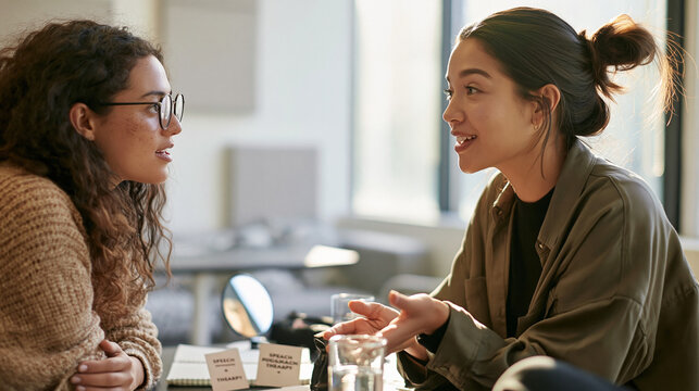Speech Therapist Talking With Young Woman During Communication Therapy Session