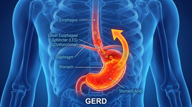 GERD medical illustration showing stomach acid reflux in human body