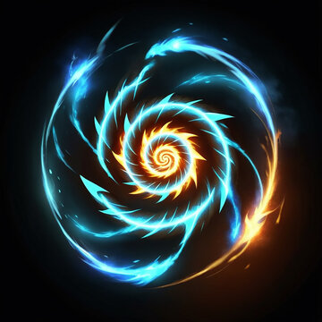 Swirling bright blue and orange energy vortex with dynamic motion and glowing edges against a black background creating an abstract and mesmerizing design.