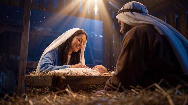 Parents watching over newborn baby inside rustic wooden stable under radiant