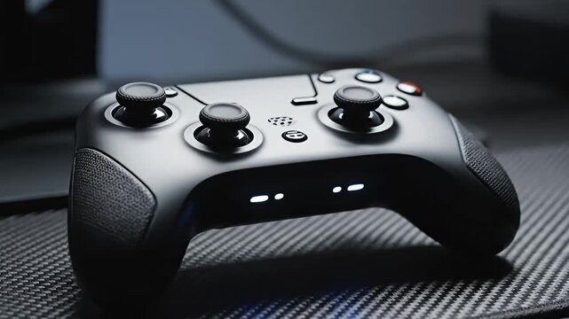 Wireless gaming controller on textured dark surface.