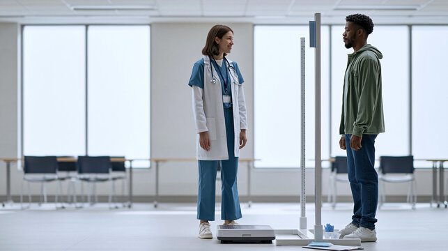 Doctor Measuring Patient Height During Routine Medical Examination and Health Screening