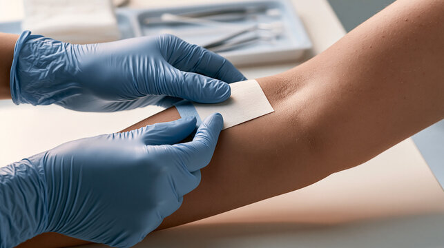 Healthcare Professional Applying Adhesive Bandage to Patient&rsquo;s Arm During Medical Treatment
