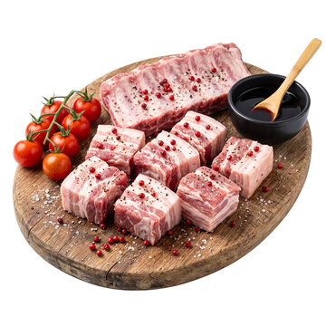 Raw Pork Ribs and Belly Slices, Seasoned with Pepper and Salt, Isolated