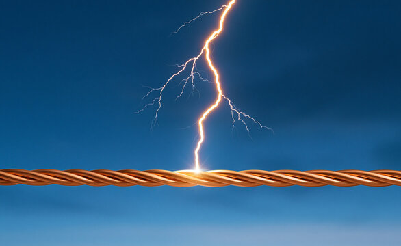 Twisted copper wires struck by lightning bolt, electricity