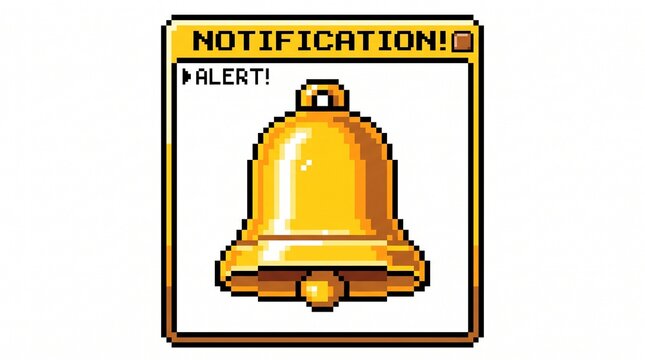 8-bit pixel art of a golden bell notification UI icon isolated on white.