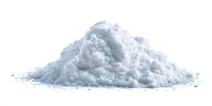 A mound of fine white powder sits isolated against a blank background.
