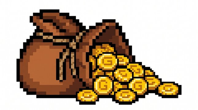 8-bit pixel art of a brown leather coin pouch RPG game asset isolated on white.