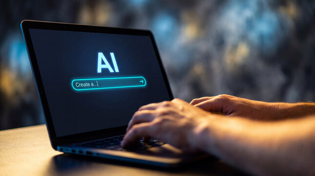 Person typing prompt into artificial intelligence search interface on laptop