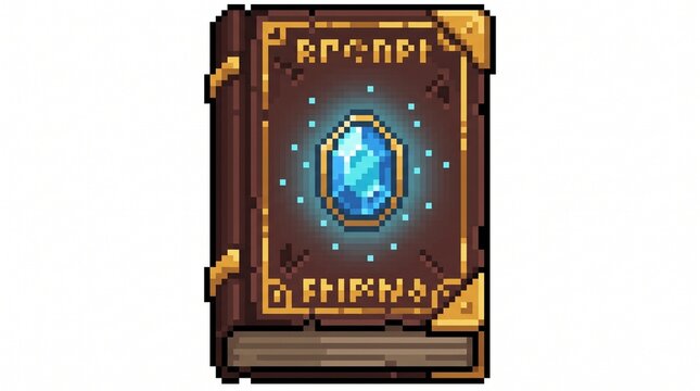8-bit pixel art of an ancient magic spell book RPG game asset isolated on white.