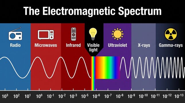 Electromagnetic Spectrum Infographic with Wave Frequencies and Icons