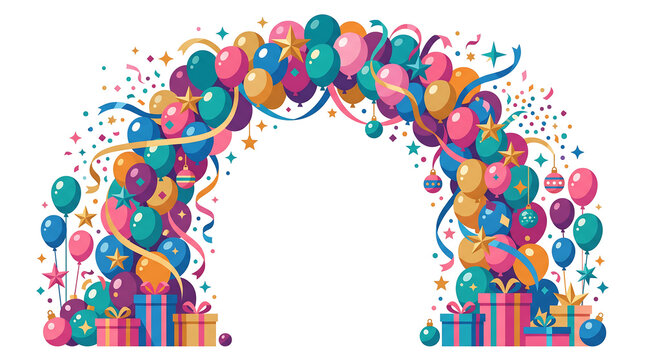 Colorful balloon arch with streamers and gift boxes for celebration.