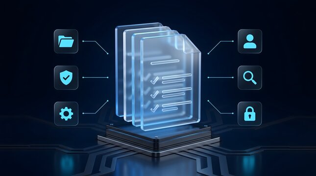 Translucent blue digital document pages on a microchip base surrounded by system icons. Concept of secure digital archiving and database management.