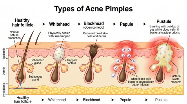Anatomy of Acne Formation and Skin Follicle Stages