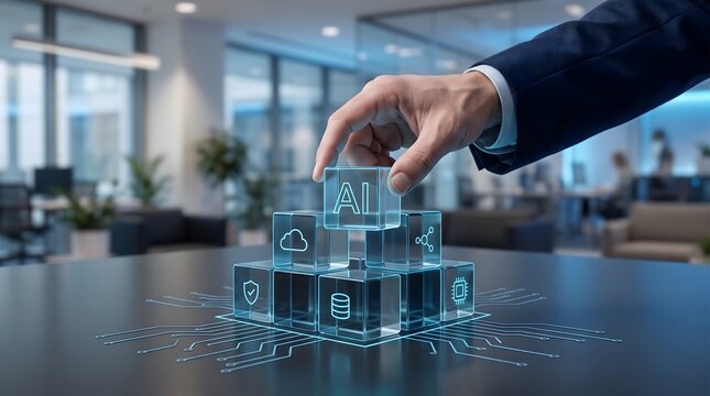 Businessman hand stacking glass cubes with AI and network icons. Concept of artificial intelligence integration and digital business strategy.