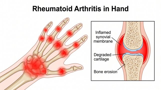 Medical Diagram of Rheumatoid Arthritis Inflammation in Hand Joints